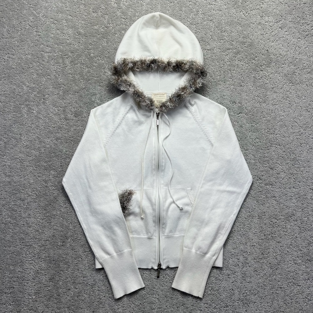 High Sierra Hoodie Sweater Womens Small White Faux Fur Trim Full Zip Knit Winter